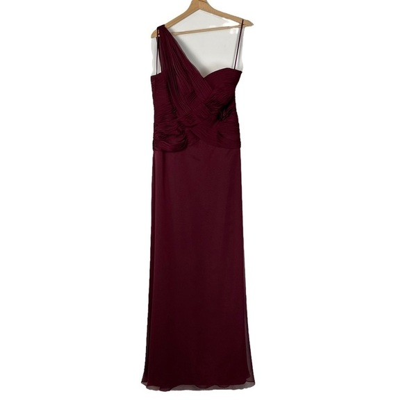 JOVANI BASKETWEAVE ONE SHOULDER WINE RED RUCHED DRAPED FORMAL EVENING GOWN - Picture 4 of 10